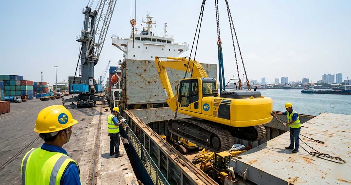 Armada lowbed trailer Vaneva Logistic mengangkut ekskavator antar pulau