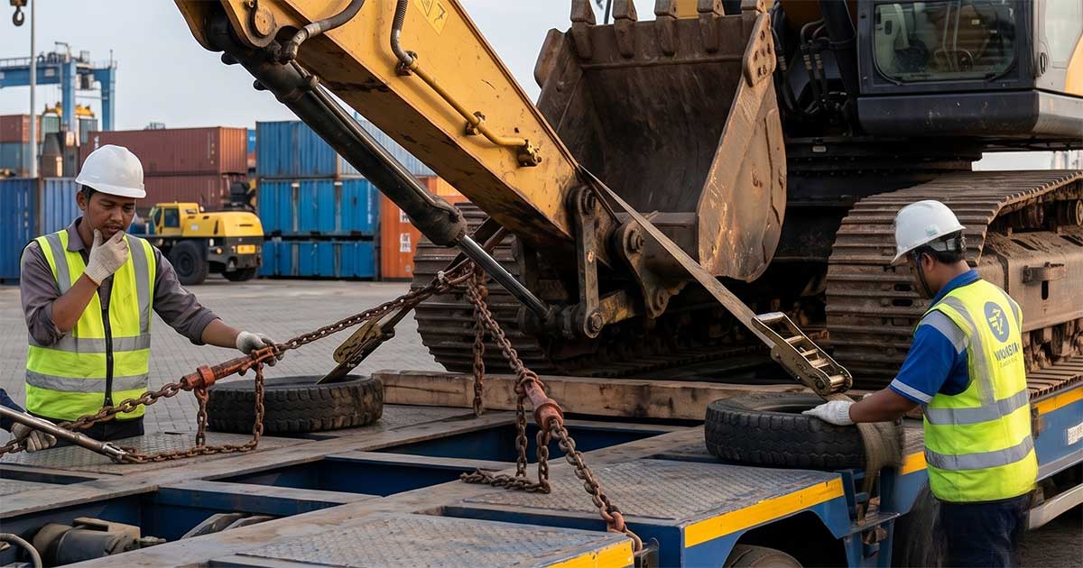 Tim operasional Vaneva Logistic melakukan pengecekan lashing alat berat