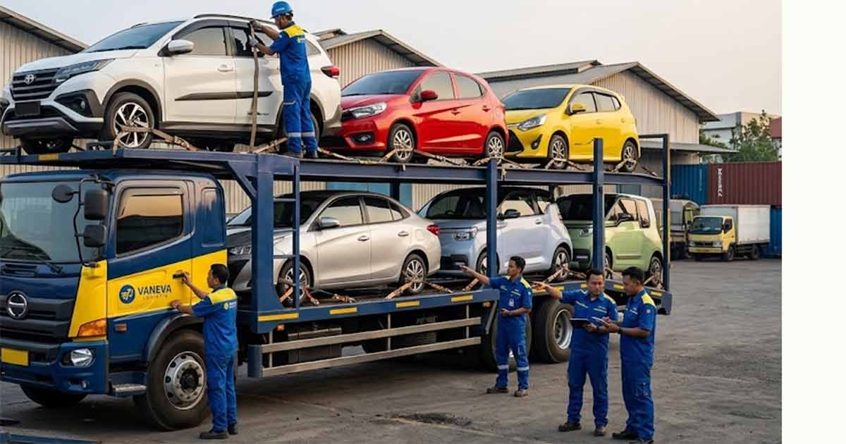 Armada car carrier Vaneva Logistic yang mengangkut berbagai jenis kendaraan