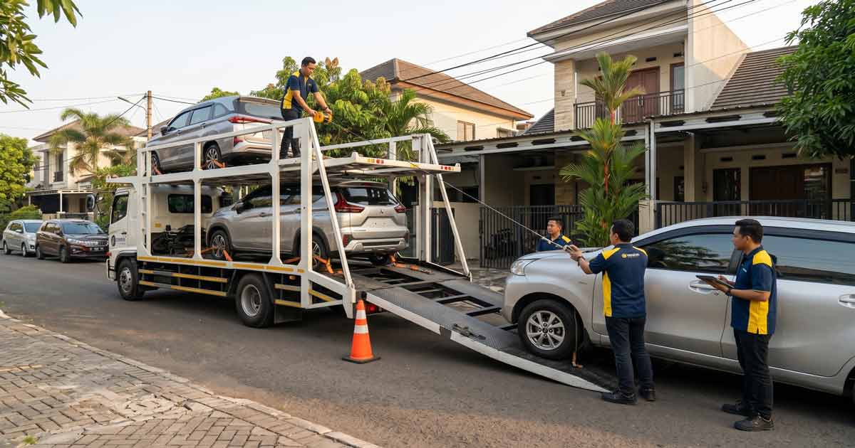 Proses penjemputan mobil oleh armada Vaneva Logistic untuk jasa kirim mobil terdekat
